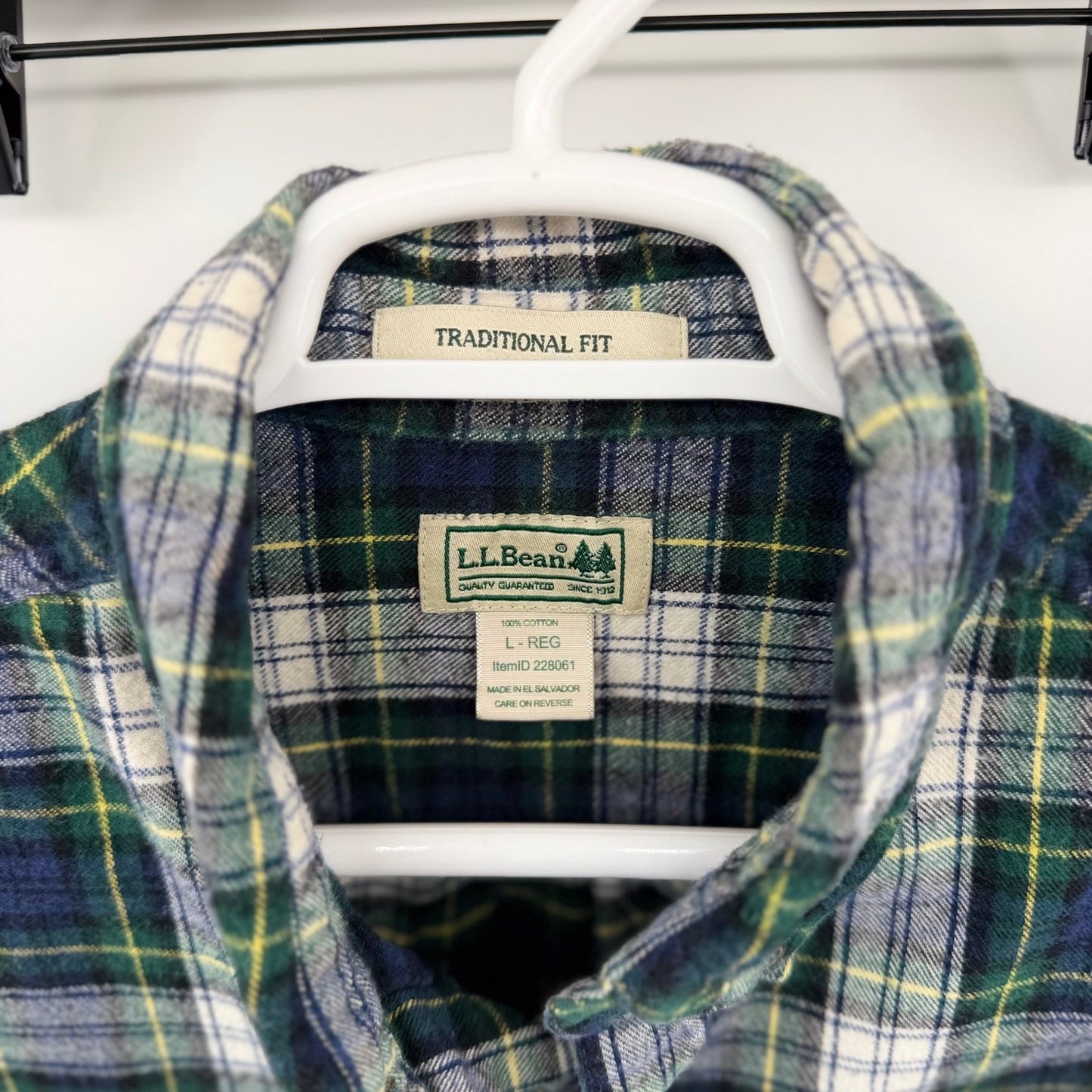LL Bean Traditional Fit Flannel Shirt Plaid Cotton Button Down L Green Blue