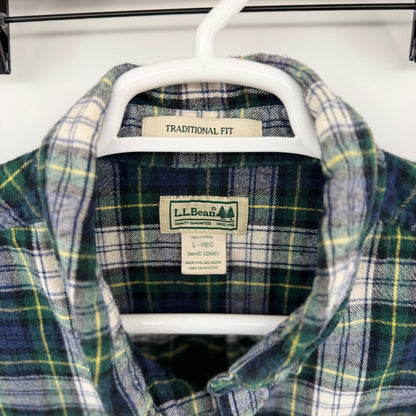 LL Bean Traditional Fit Flannel Shirt Plaid Cotton Button Down L Green Blue