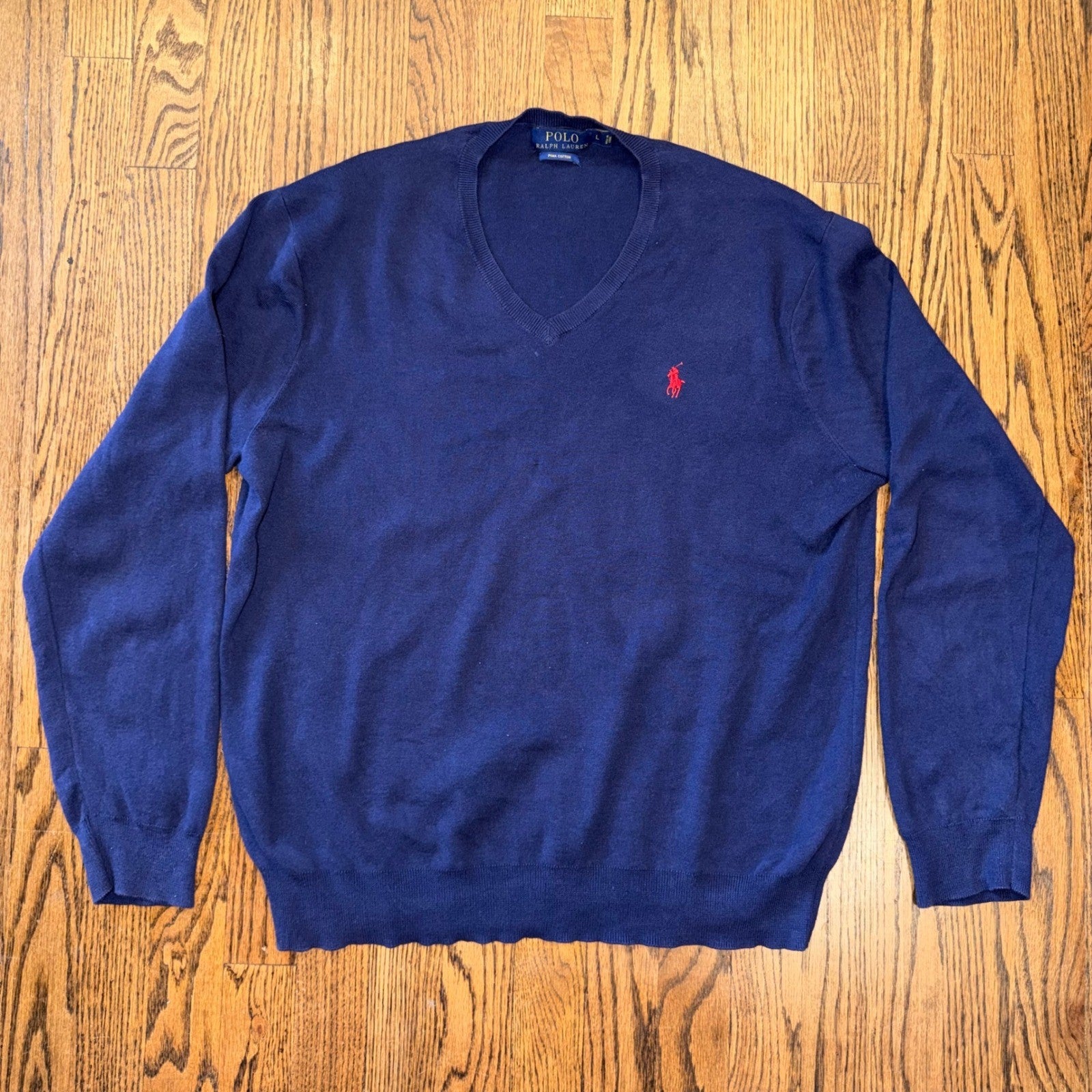 Polo Ralph Lauren Pima Cotton V-Neck Sweater Pony Logo Large Navy Blue