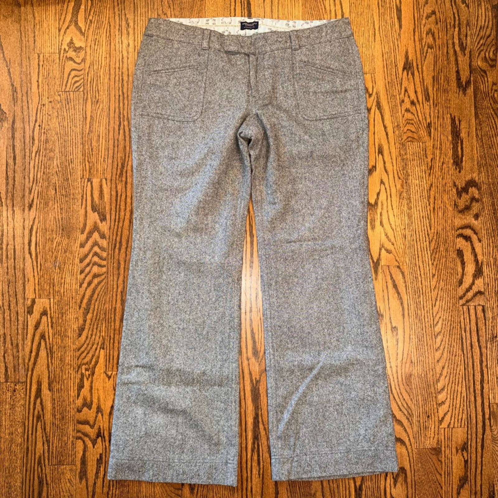 American Eagle Wool Blend Tweed Wide Leg Trousers Sz 14 Gray Herringbone Preppy
