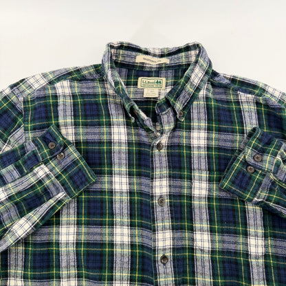 LL Bean Traditional Fit Flannel Shirt Plaid Cotton Button Down L Green Blue