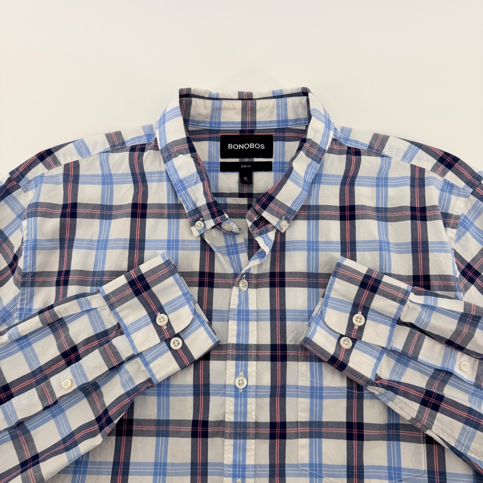 Bonobos Slim Fit Plaid Button Down Shirt XL Blue Pink Cotton Business Casual