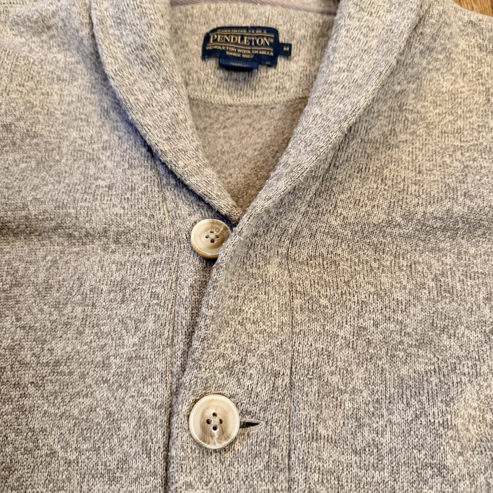 Pendleton Shawl Collar Cardigan Sweater Elbow Patches Medium Oatmeal Tan Grandpa