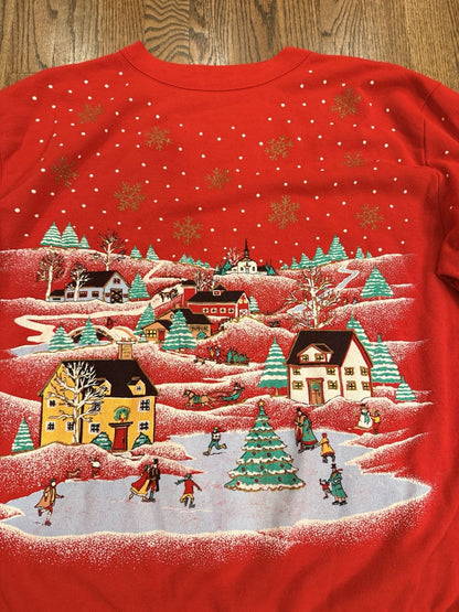 Vintage holiday Village crewneck-women’s XL-Red Christmas Winter Scene-80s