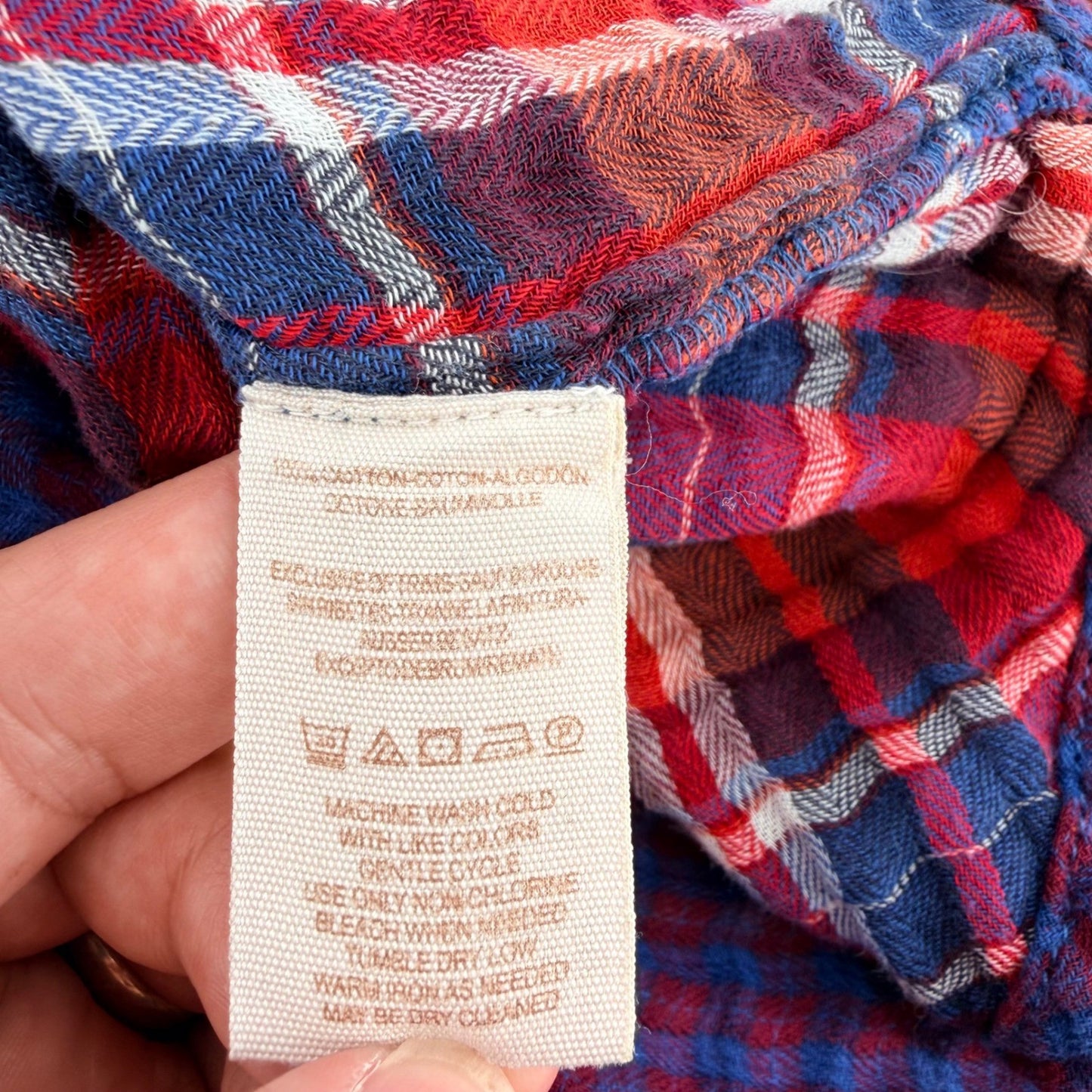 Free People Plaid Mixed Media Flannel Shirt Relaxed Boho Button Down L Red Blue