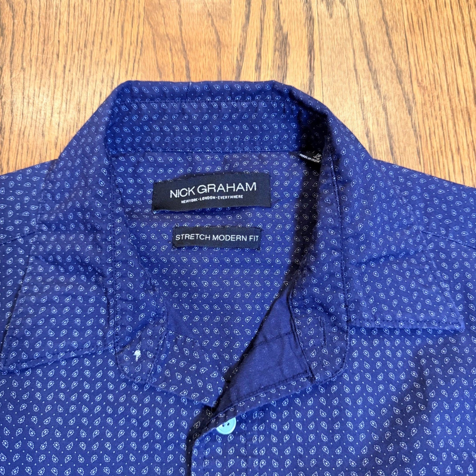 Nick Graham Stretch Modern Fit Button Down Shirt Large Navy Blue Micro Print