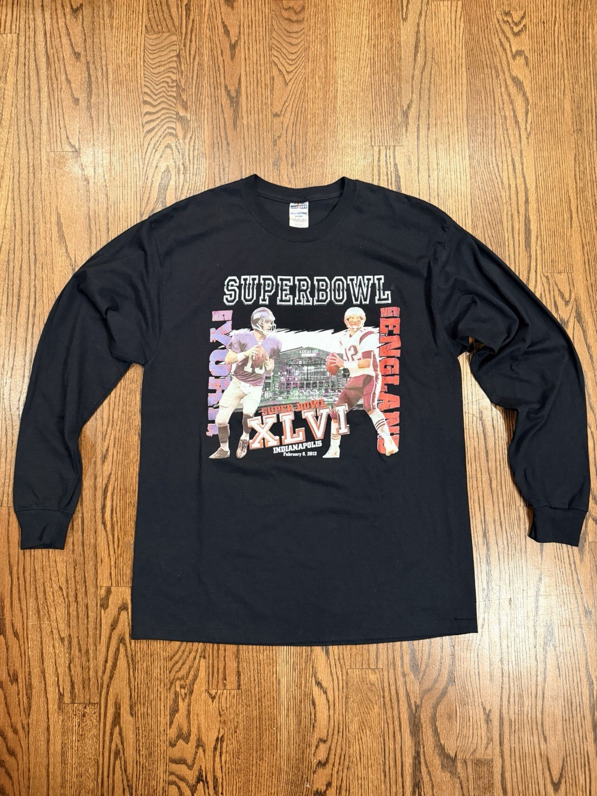 Super Bowl XLVI Long Sleeve T Shirt Jerzees Black Men’s XL Giants Patriots