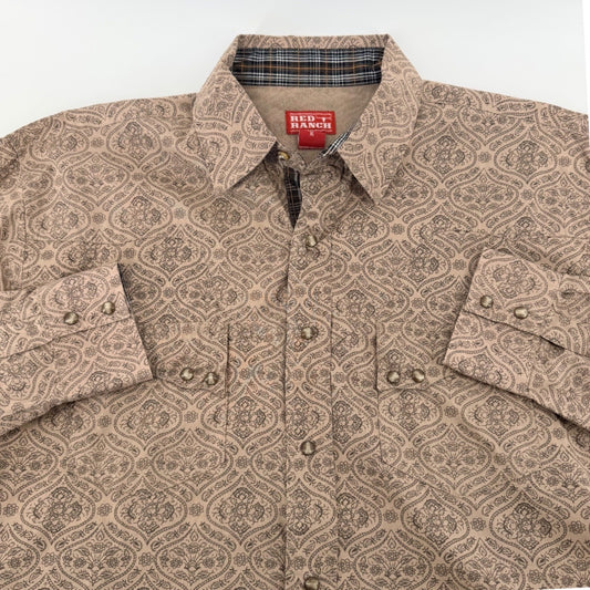 Red Ranch Western Pearl Snap Shirt Paisley Print Cotton Cowboy XL Tan Brown