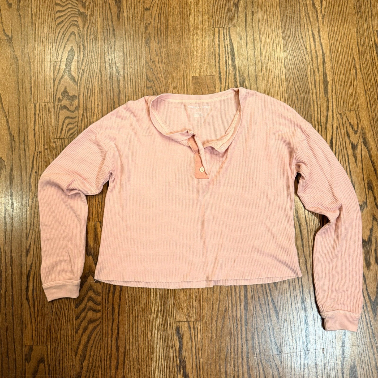 American Eagle Waffle Knit Henley Top Cropped Thermal Small Pink