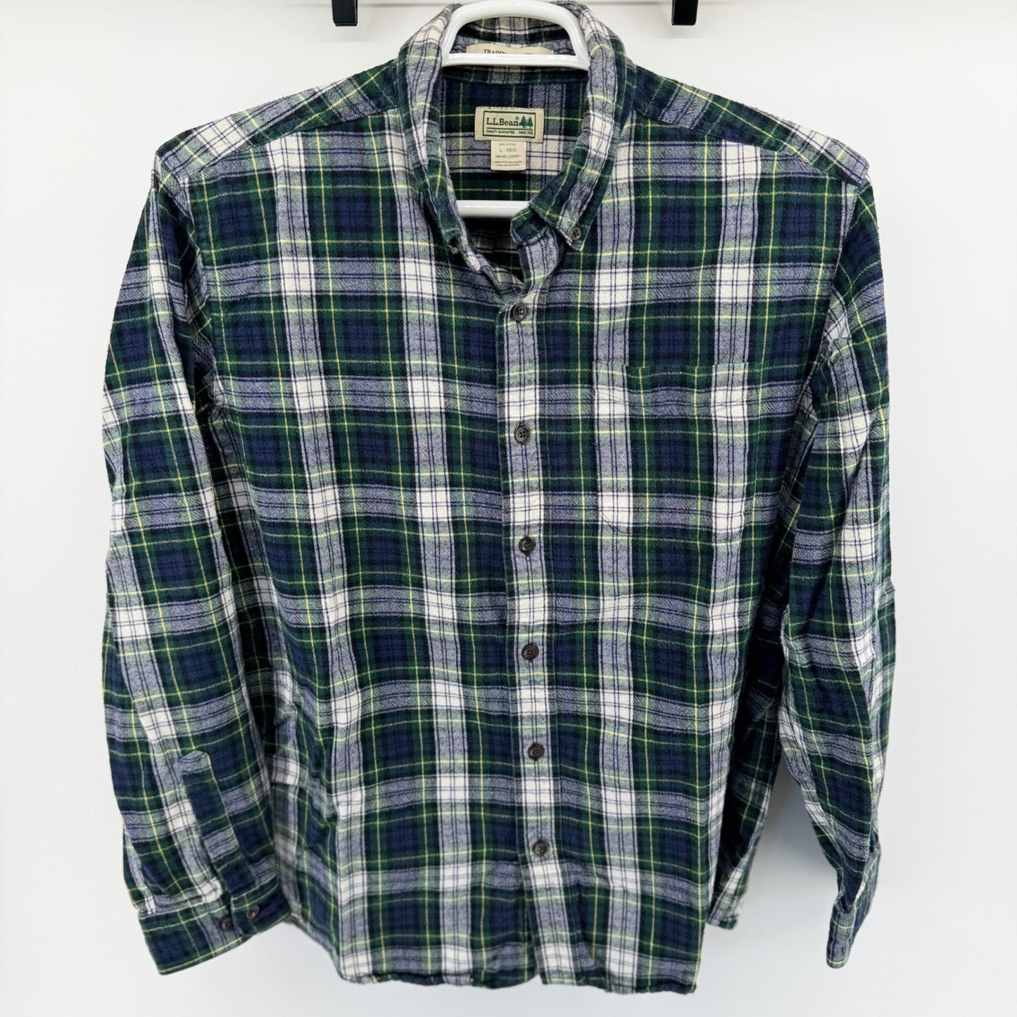 LL Bean Traditional Fit Flannel Shirt Plaid Cotton Button Down L Green Blue