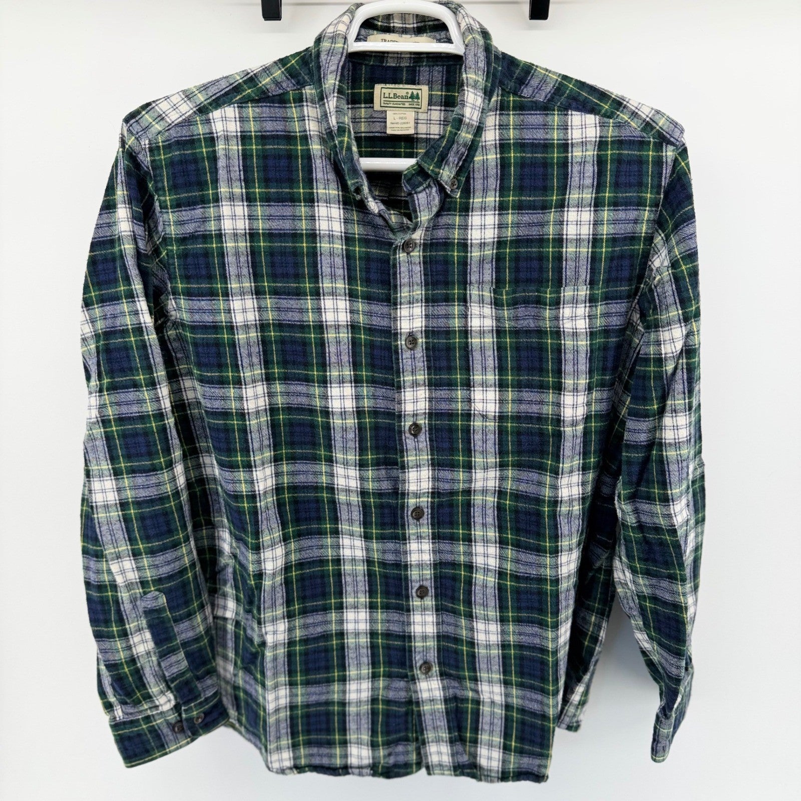 LL Bean Traditional Fit Flannel Shirt Plaid Cotton Button Down L Green Blue