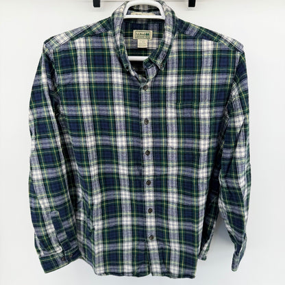 LL Bean Traditional Fit Flannel Shirt Plaid Cotton Button Down L Green Blue