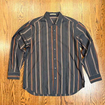 Tommy Bahama Silk Cotton Striped Button Down Shirt Large Brown Orange 83-T32195