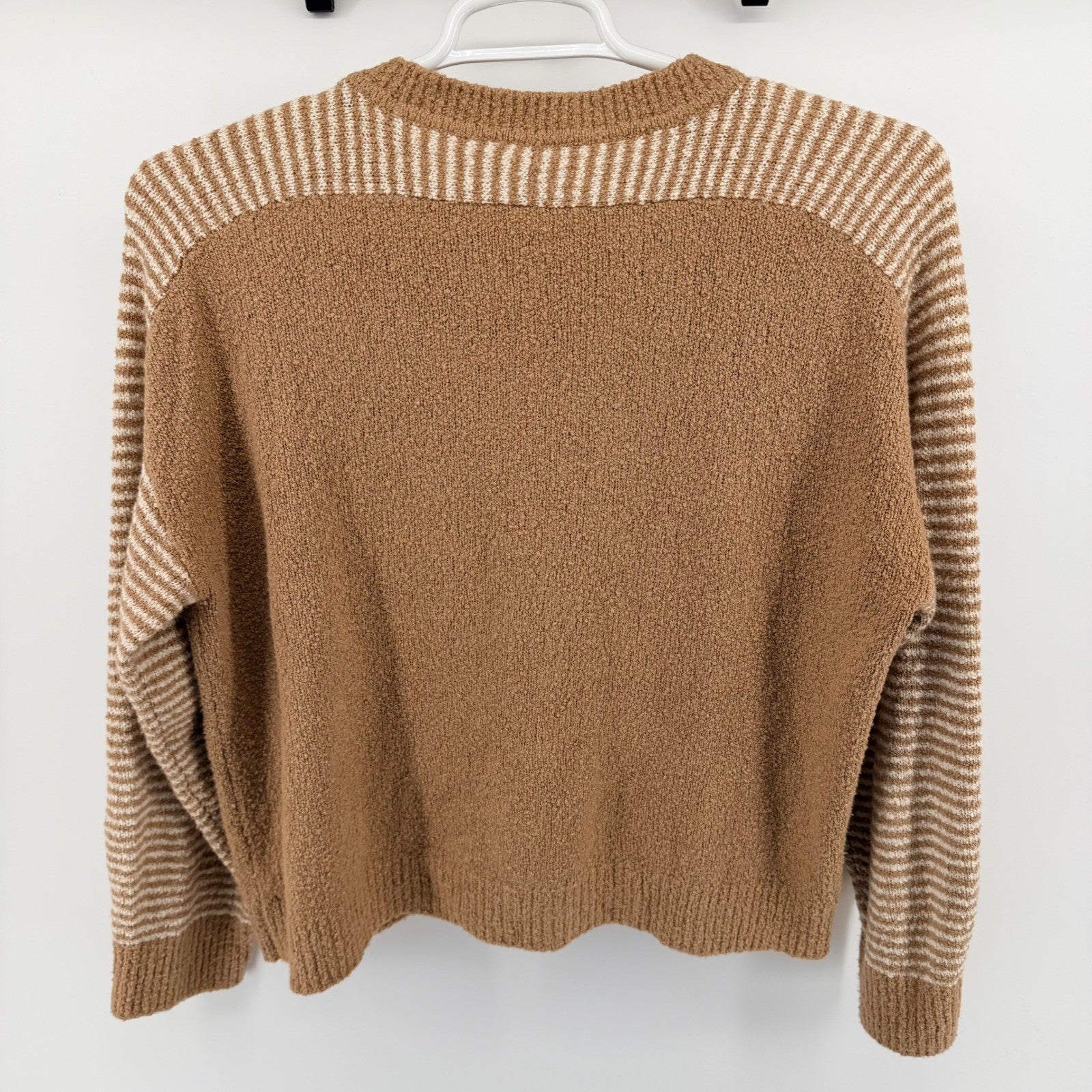 Margaret O'Leary Striped Raglan Boucle Knit Sweater Large Brown Cream Neutral