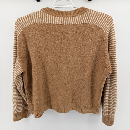 Margaret O'Leary Striped Raglan Boucle Knit Sweater Large Brown Cream Neutral