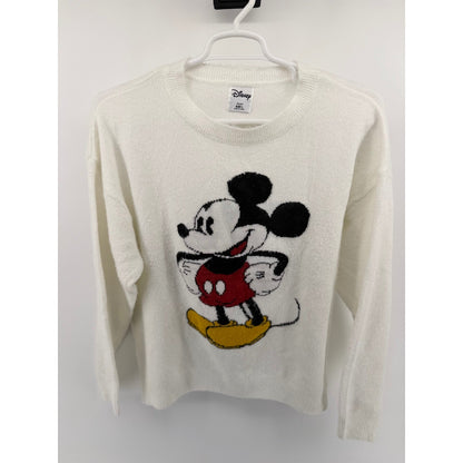 Disney Mickey Mouse Graphic Knit Crewneck Sweater Relaxed Fit Large White Poly