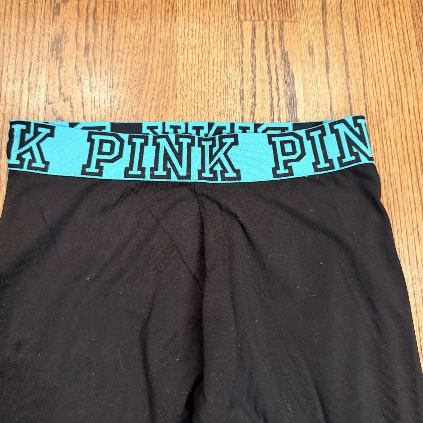 Victoria’s Secret PINK Yoga Pants Women’s S Black Leggings Teal Logo Waistband