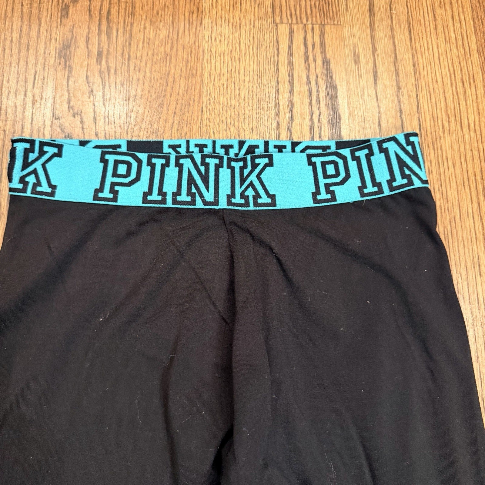 Victoria’s Secret PINK Yoga Pants Women’s S Black Leggings Teal Logo Waistband