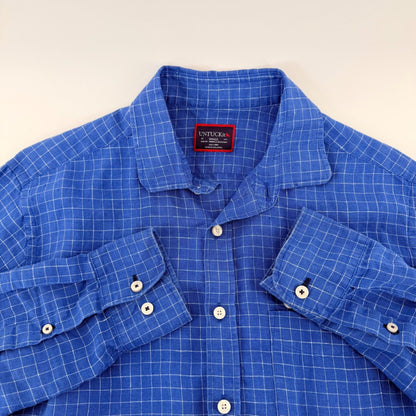 UNTUCKit Piave WR Linen Shirt Windowpane Slim Fit Small Blue Lightweight Casual