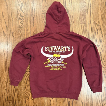 Stewart’s Meat Market Hoodie Yelm WA Local PNW Graphic Pullover Burgundy Size S