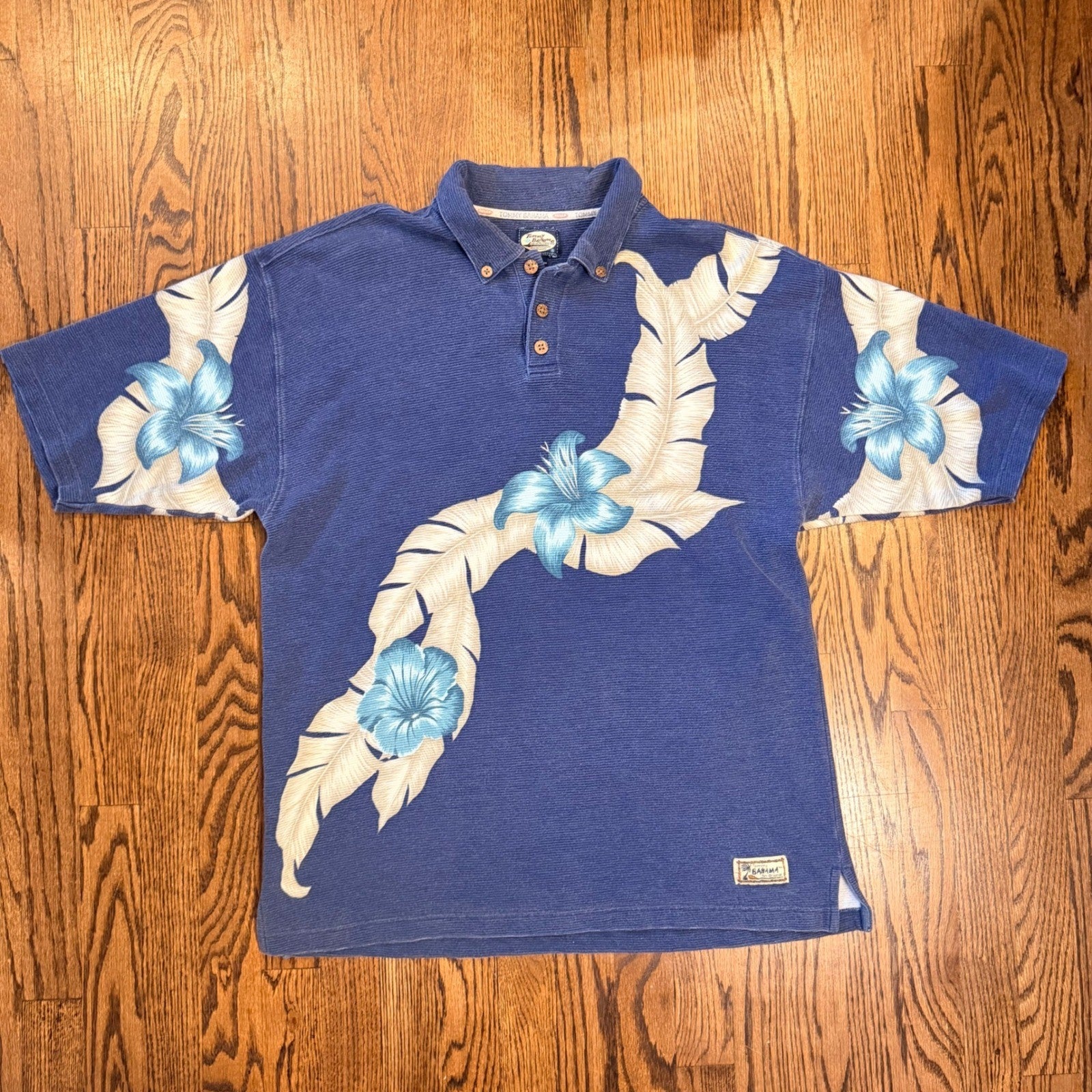 Vintage Tommy Bahama Relax Polo Shirt Tropical Floral Blue Ribbed Cotton Large
