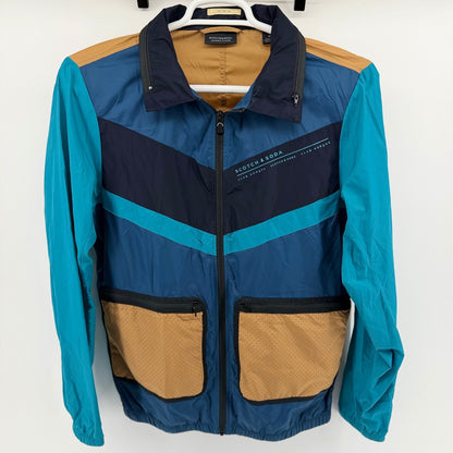 Scotch & Soda Club Nomade Colorblock Windbreaker Jacket Medium Teal Navy Tan