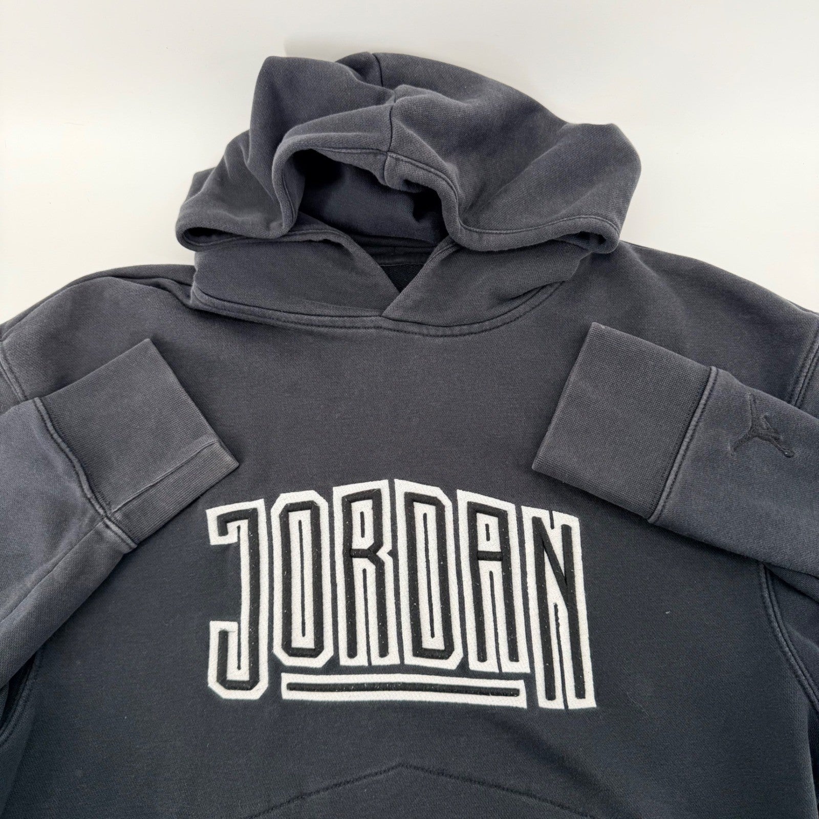 Jordan Flight Fleece Pullover Hoodie Embroidered Logo Faded Black Mens Size M