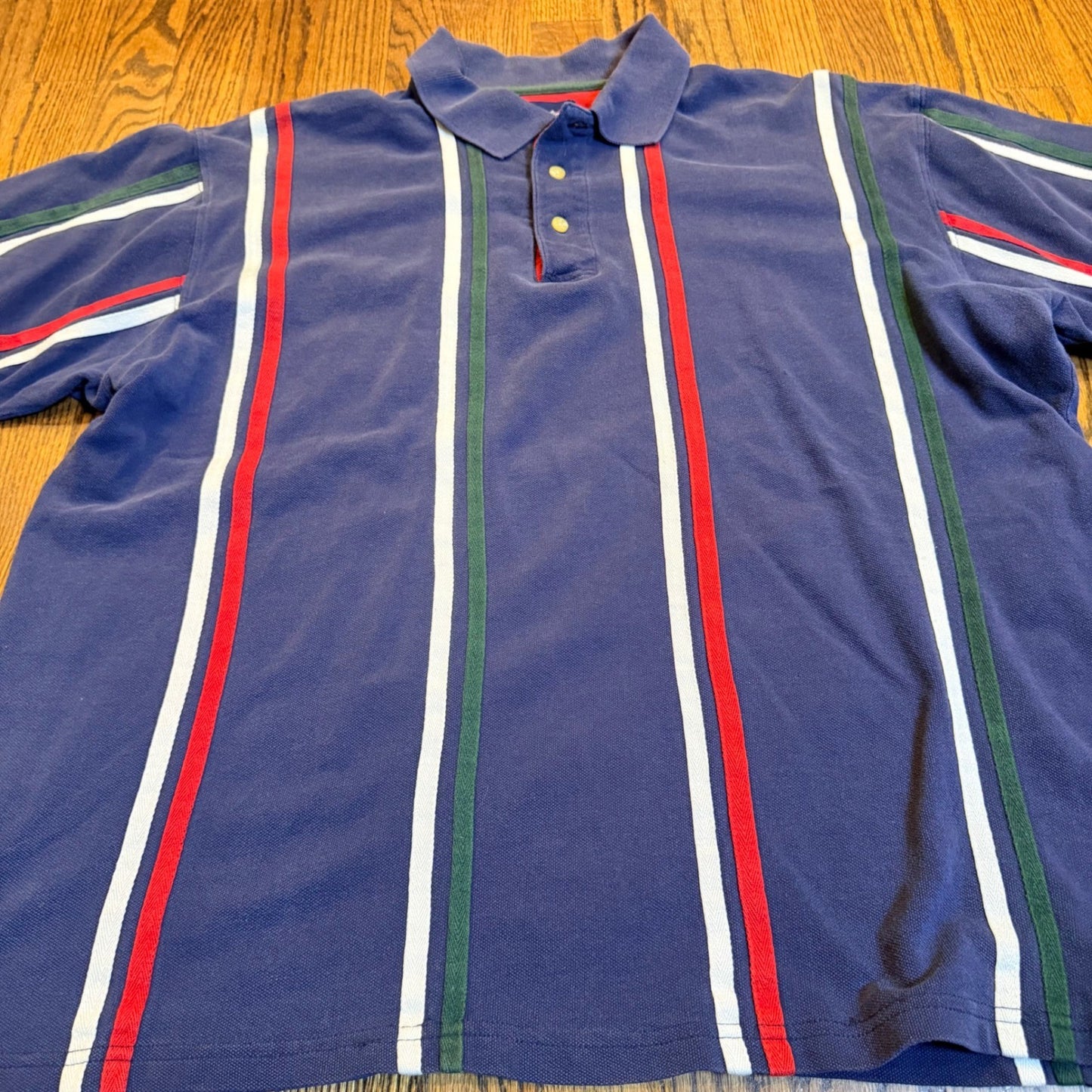 Catalina Striped Pique Polo Shirt Mens Large Navy Blue Red White Green Vintage