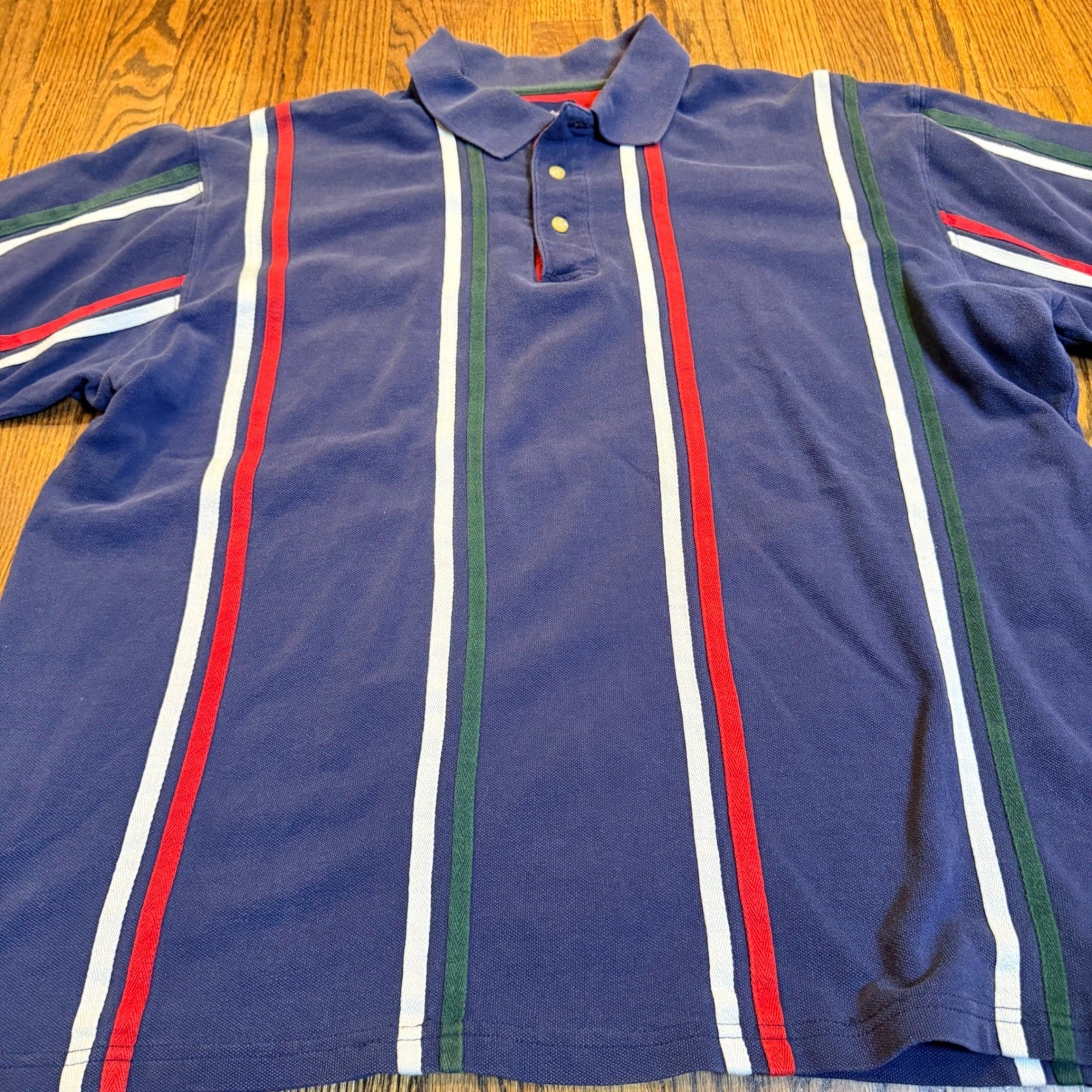 Catalina Striped Pique Polo Shirt Mens Large Navy Blue Red White Green Vintage