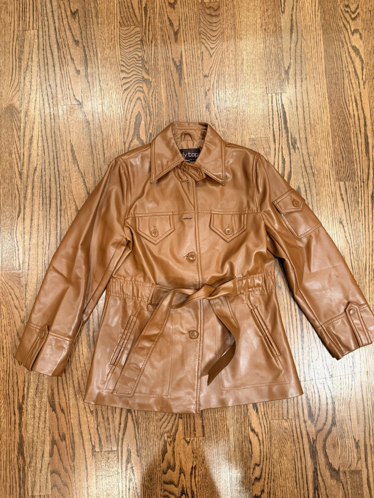 VTG Curly Top Polyvinyl Jacket Womens 11/12 Brown Belted Blazer 80s Urban Safari