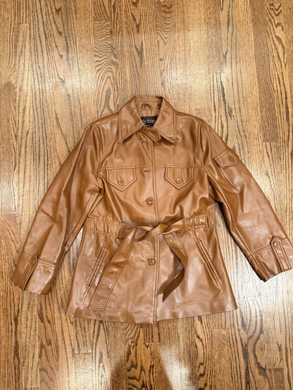 VTG Curly Top Polyvinyl Jacket Womens 11/12 Brown Belted Blazer 80s Urban Safari