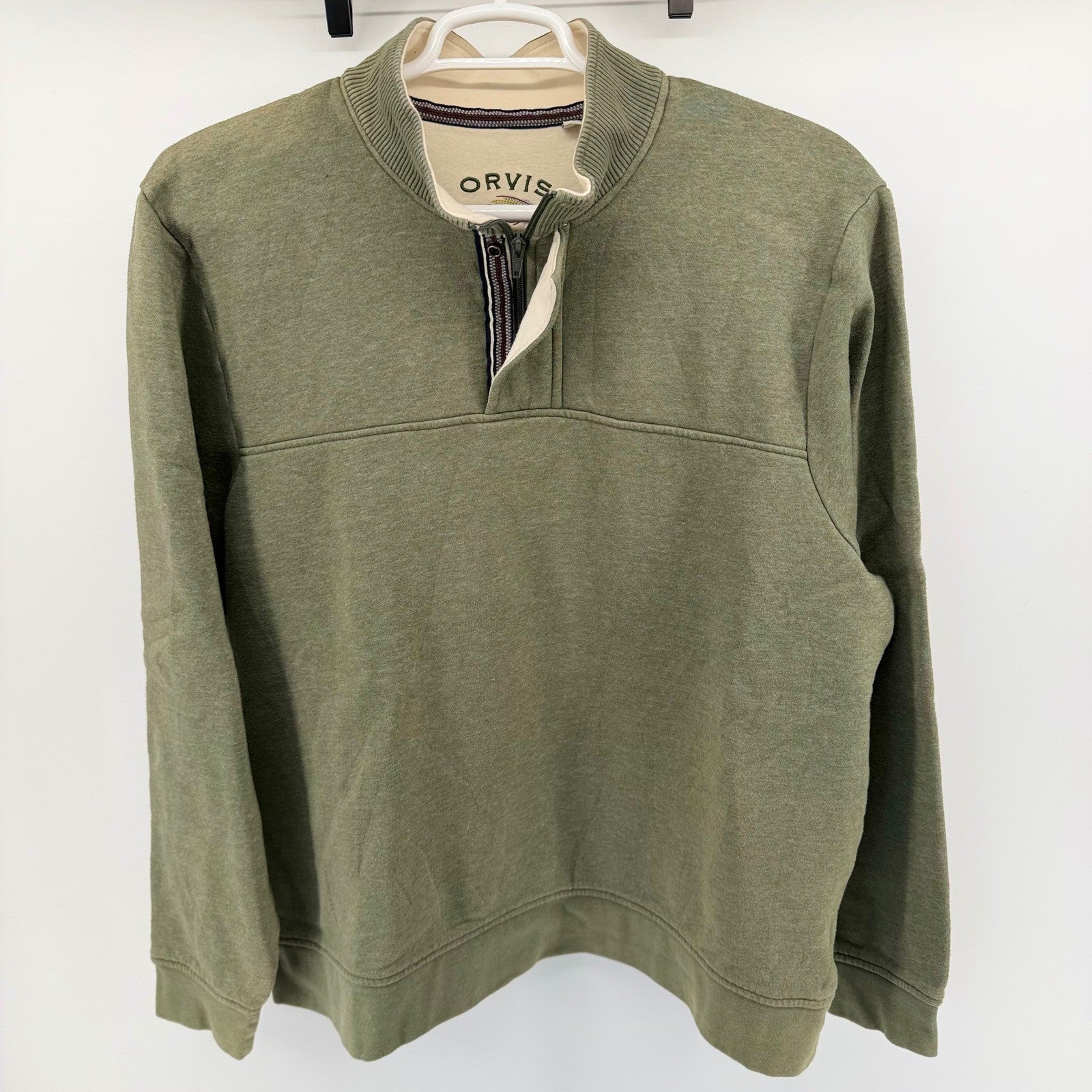 Orvis Quarter Zip Pullover Sweatshirt Fly Fishing Logo XXL Olive Green Heather