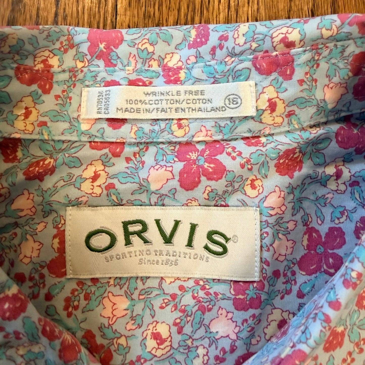 Orvis Wrinkle Free Floral Button Down Shirt Size 16 Blue Pink Cotton Spring