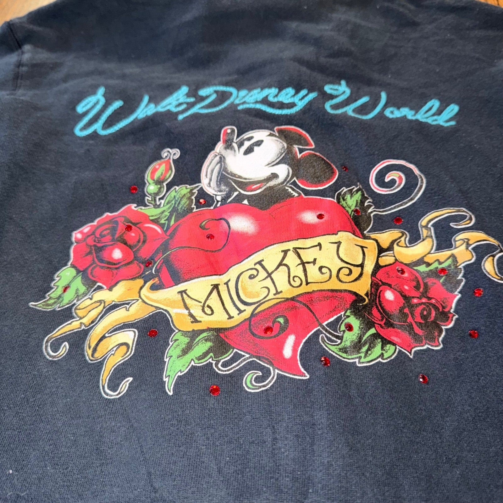 Disney Mickey Mouse Tattoo Rose Zip Hoodie XL Kids Fits Adult Small Navy