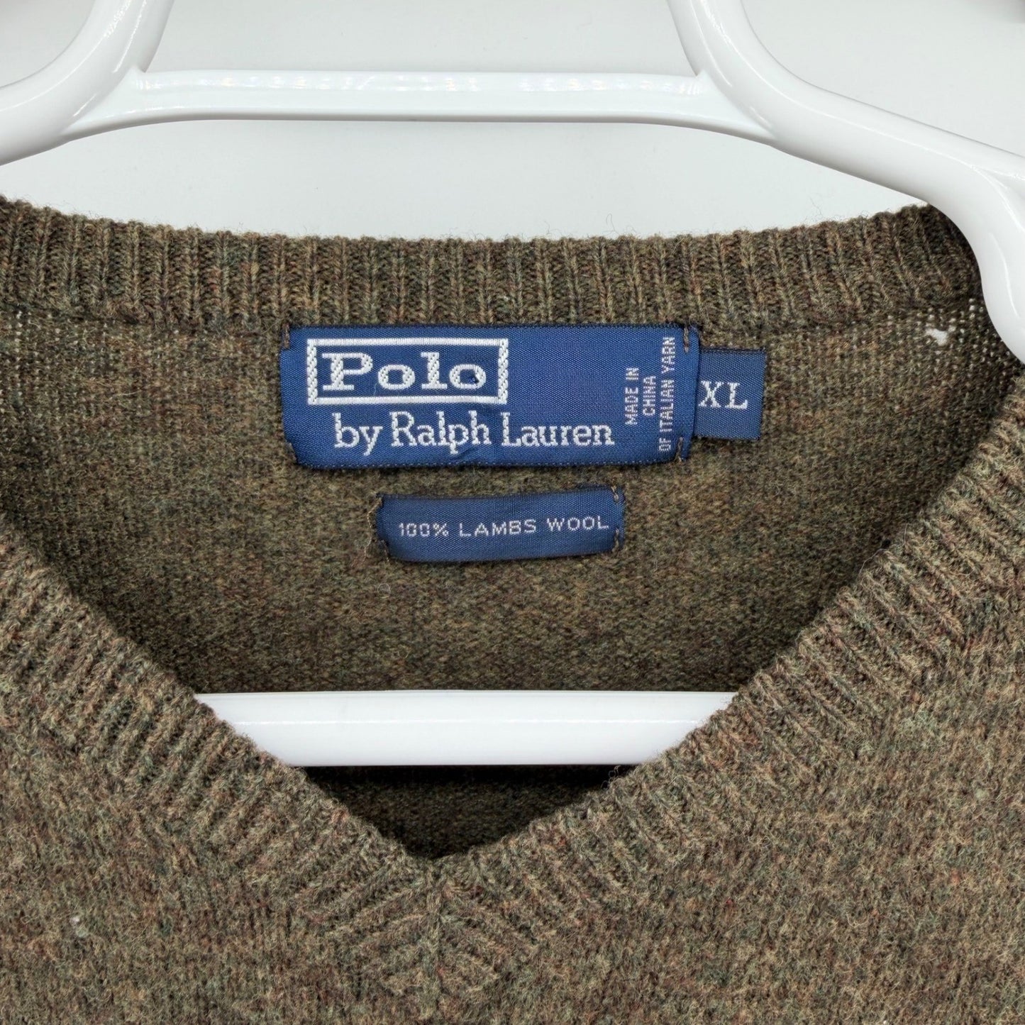 Polo Ralph Lauren Lambswool V-Neck Sweater Orange Pony Logo XL Brown Olive