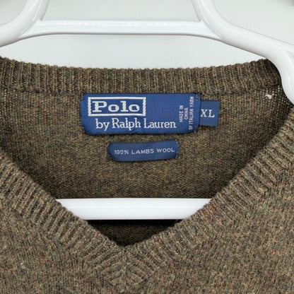 Polo Ralph Lauren Lambswool V-Neck Sweater Orange Pony Logo XL Brown Olive