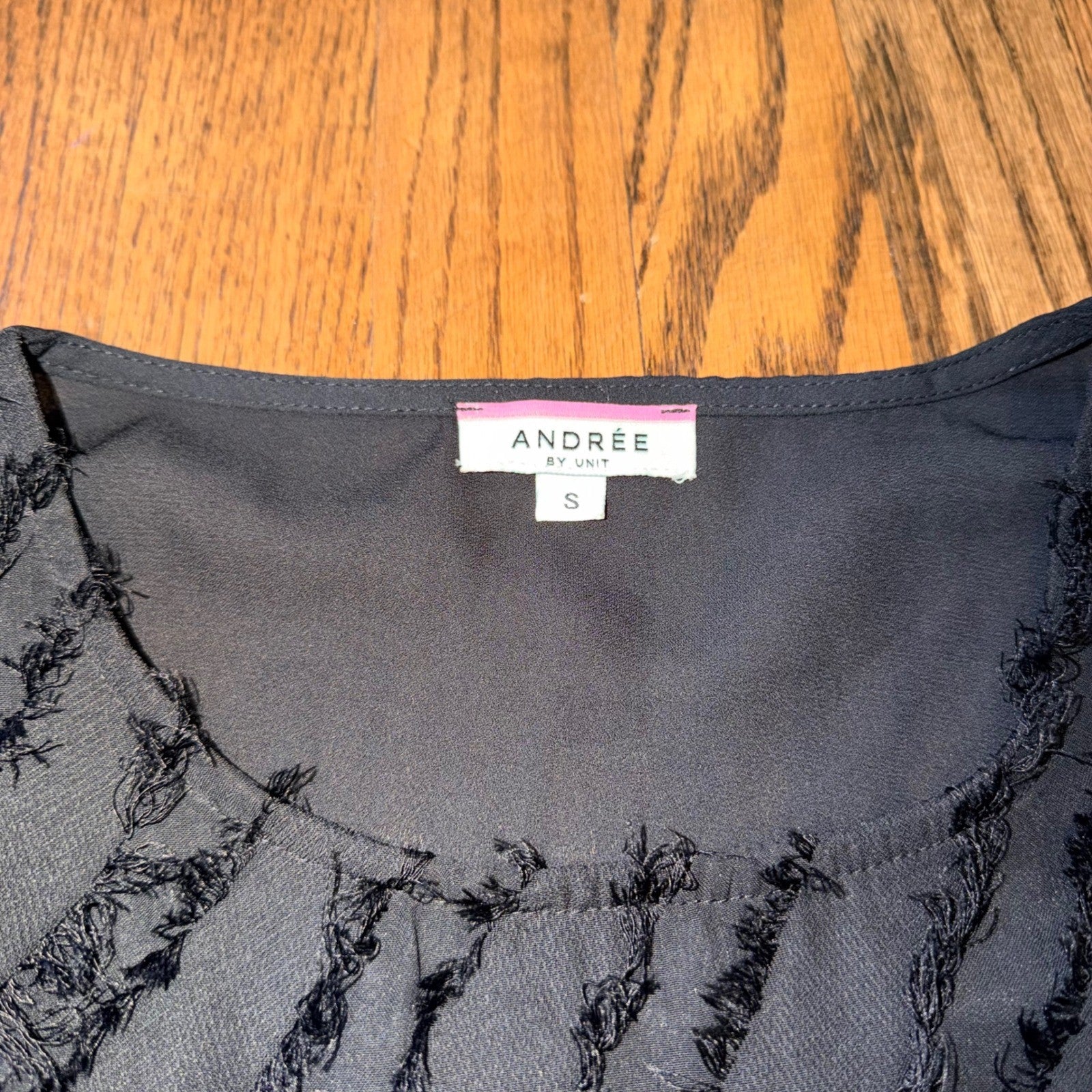 Andree by Unit Fringe Eyelash Ruffle Sleeve Top Size S Black Lightweight Sheer