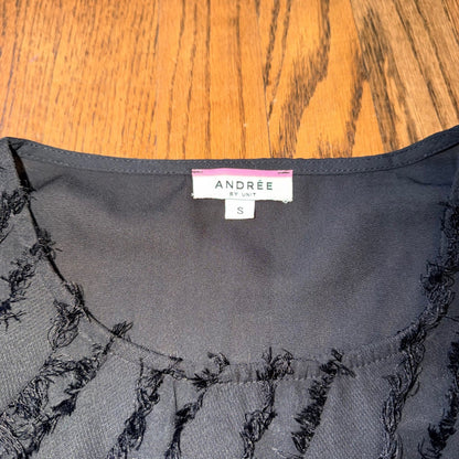 Andree by Unit Fringe Eyelash Ruffle Sleeve Top Size S Black Lightweight Sheer