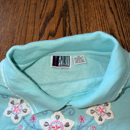 Bold Spirit Woman Vintage Embroidered Floral Sweatshirt 2X Aqua Blue Grandma