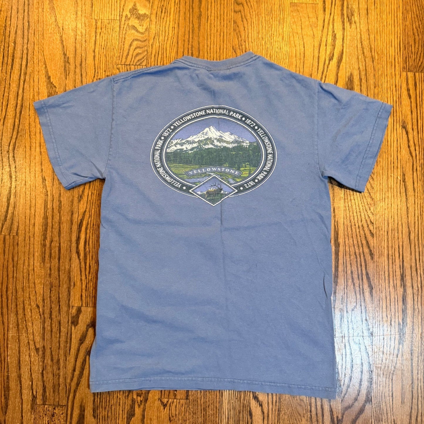 Prairie Mountain Yellowstone National Park Graphic T-Shirt Small Blue Cotton