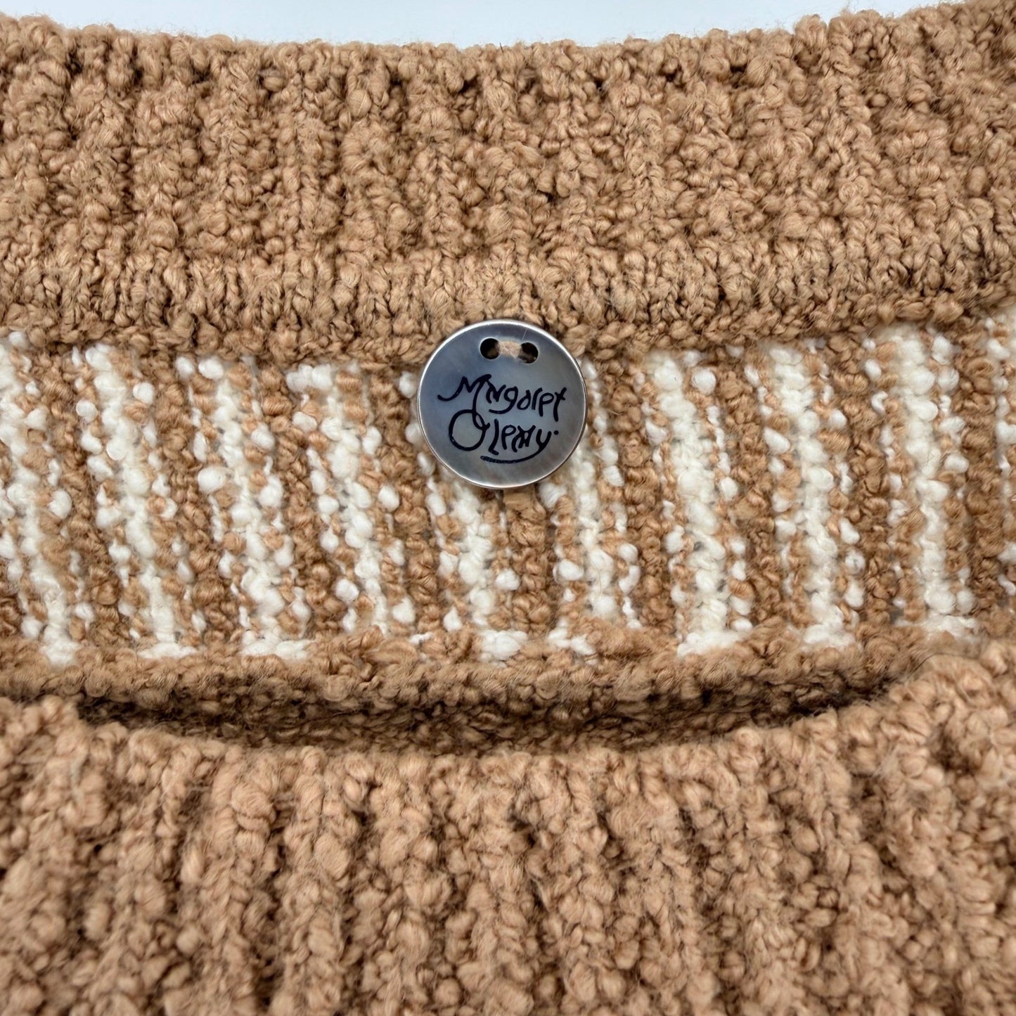 Margaret O'Leary Striped Raglan Boucle Knit Sweater Large Brown Cream Neutral