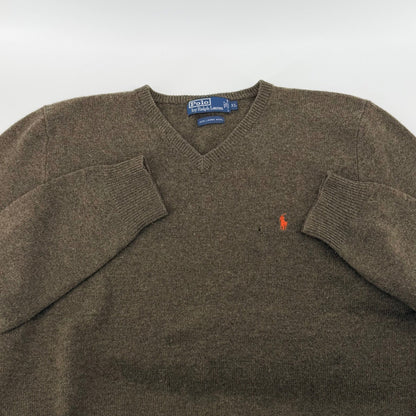 Polo Ralph Lauren Lambswool V-Neck Sweater Orange Pony Logo XL Brown Olive