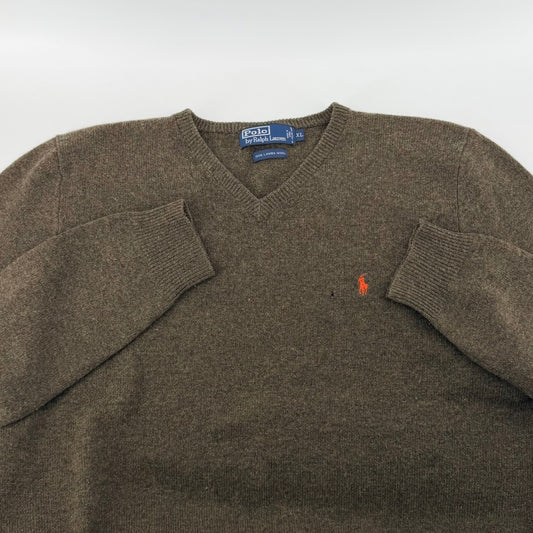 Polo Ralph Lauren Lambswool V-Neck Sweater Orange Pony Logo XL Brown Olive