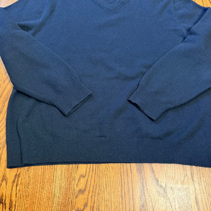 Lands' End 100% Cashmere V-Neck Sweater XL Navy Blue Solid Knit Mens Soft Warm