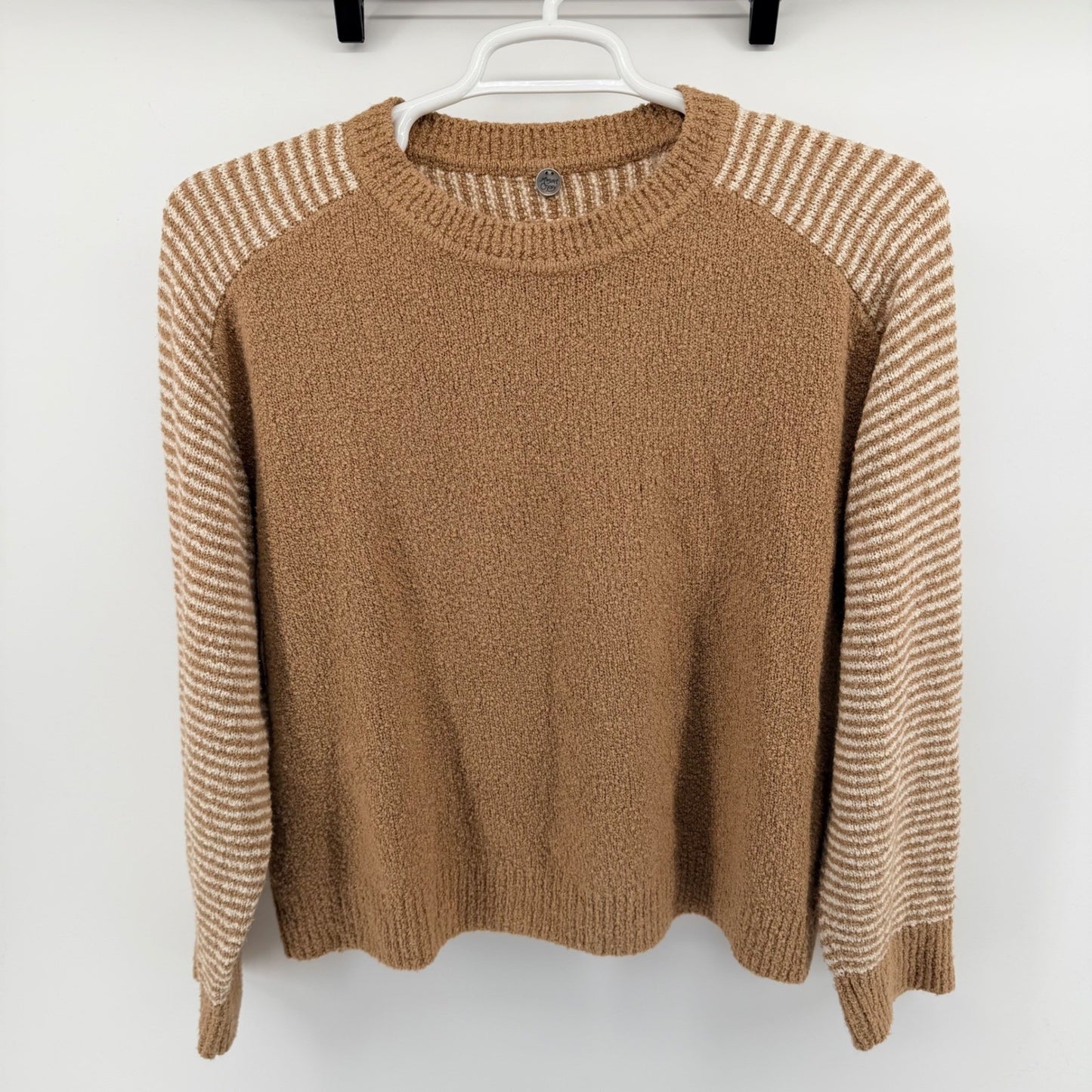 Margaret O'Leary Striped Raglan Boucle Knit Sweater Large Brown Cream Neutral