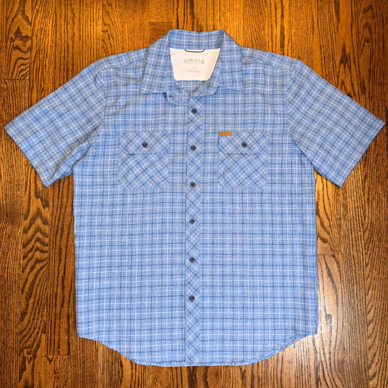 Orvis Classic Collection Short Sleeve Plaid Fishing Hiking Shirt Medium Blue
