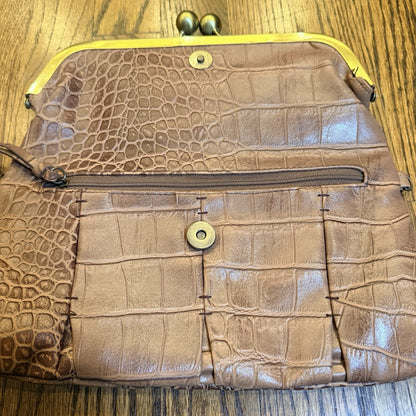 Jessica Simpson Brown Croc Bag Purse Clasp Snap Over Clutch Logo
