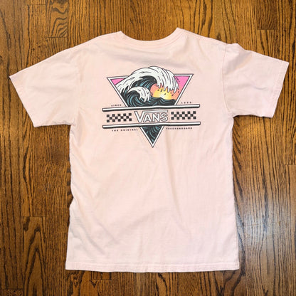 Vans Classic Fit Wave Graphic T-Shirt Checkerboard Logo Small Peach Pink