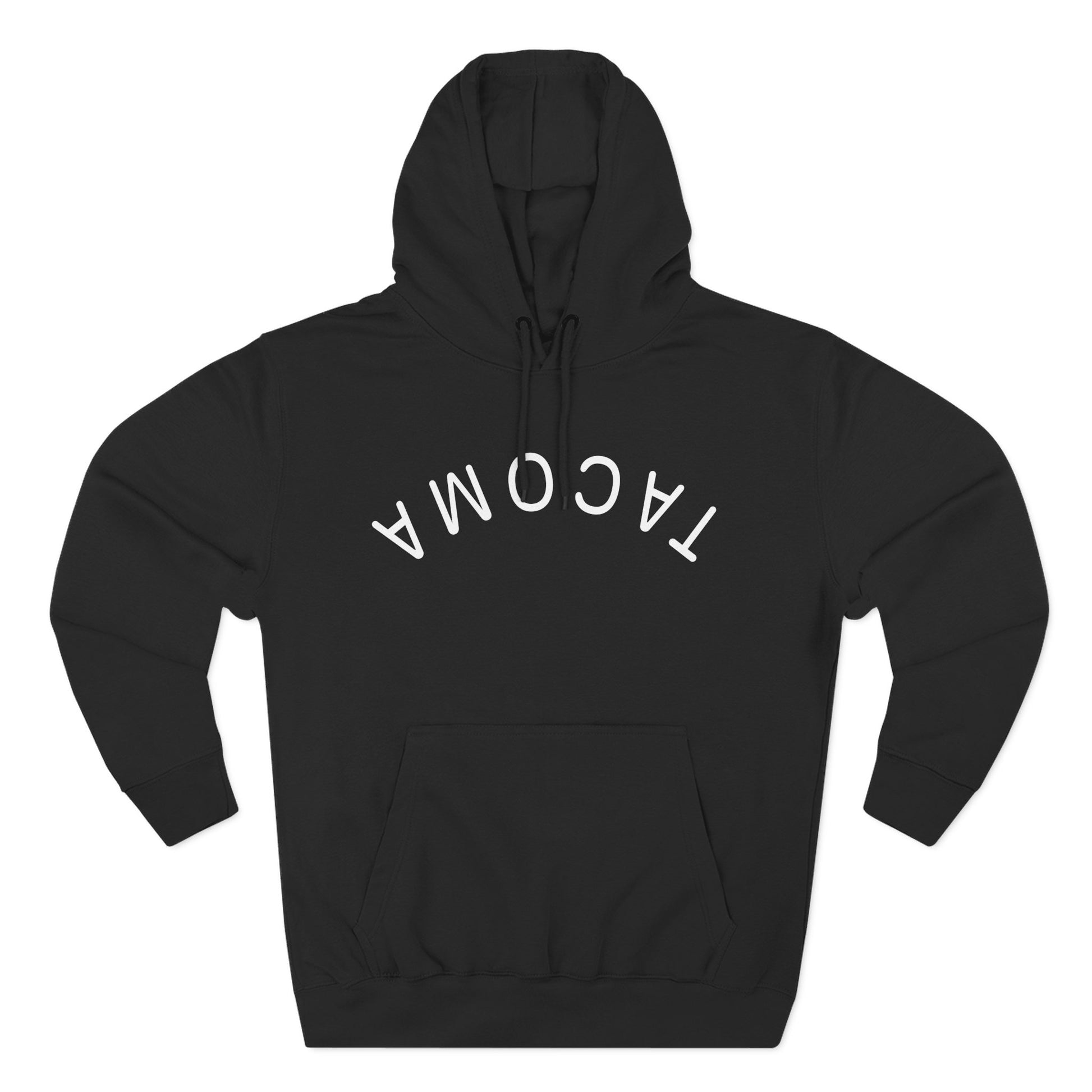 Front view of black hoodie with flipped Tacoma print in white lettering