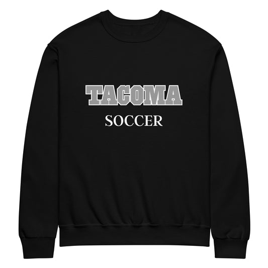 Black Tacoma Soccer crew neck sweatshirt with "Tacoma" in grey outlined in white and "Soccer" in white on the front.